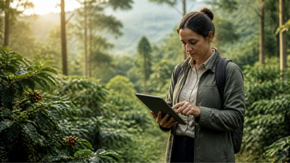 Auditor checking data on a coffee plantation