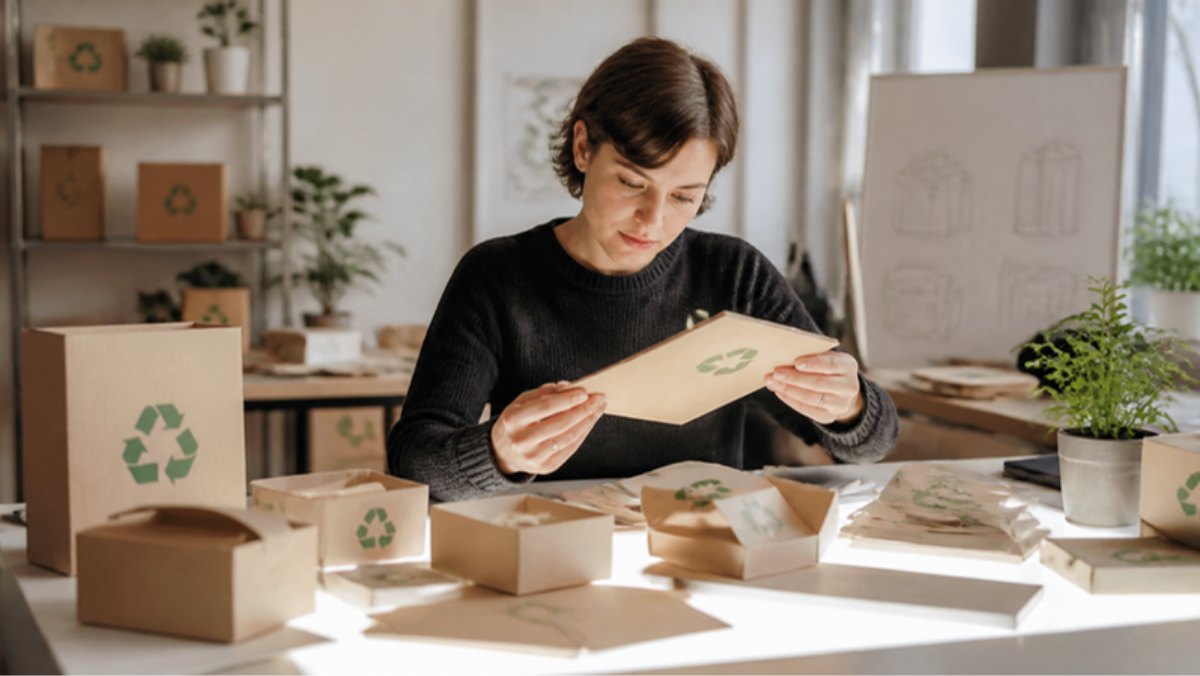 Spezialistin prüft recycelbare Verpackungen
